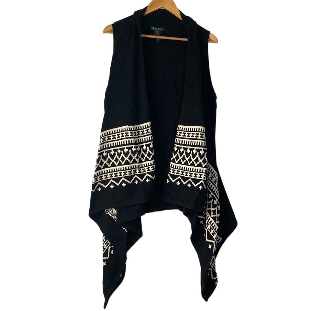 Lauren Ralph Lauren Sleeveless Open Cardigan Sweater Women L/XL Black Wool Blend